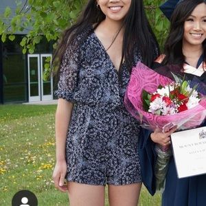 BCBG Black grey print long sleeve romper